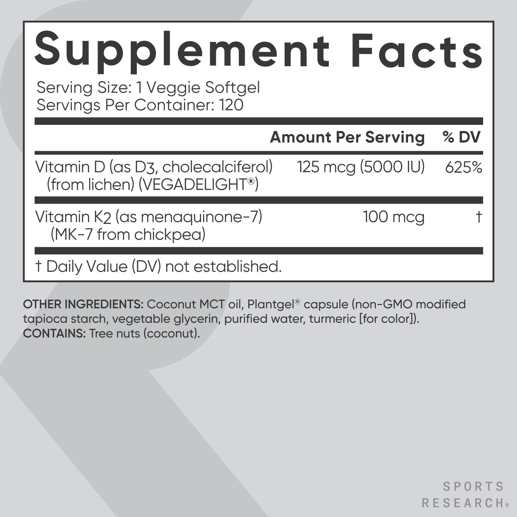 Sports Research® Vitamin D3 + K2 5000iu Plant-Based D3 + 100mcg Vitamin K2 as MK-7 - (120 Softgels)