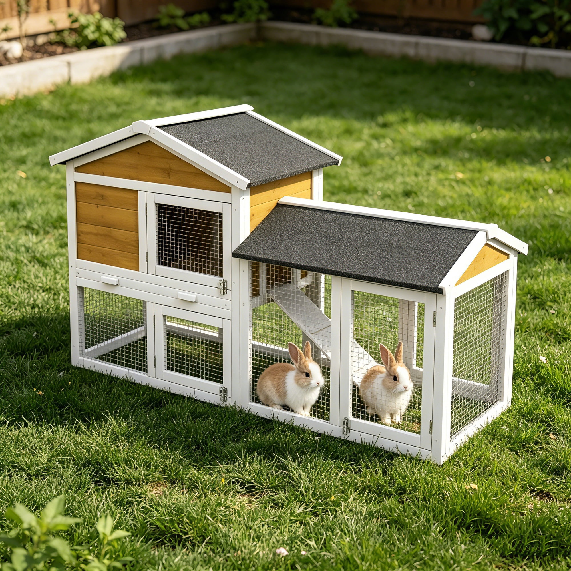 AUU PawHut 58" Wooden Rabbit Hutch for Guinea Pigs, Small Animal Enclosure with Run Area, Removable Tray, Asphalt Roof, Lockable Doors & Ramp, Nature Wood Finish
