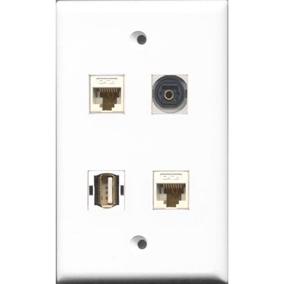 RiteAV 1 Port USB A-A and 1 Port Toslink 2 Port Cat6 Ethernet White Wall Plate
