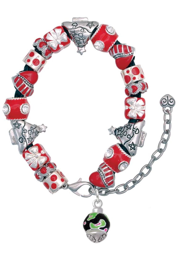 Silvertone Wide Lime Green Cheetah Print Band Spinner Red Christmas Bead Bracelet