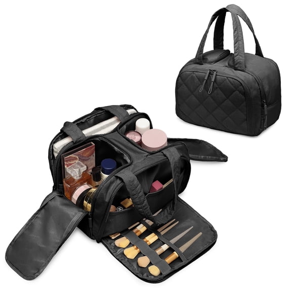 Travel Toiletry Bag, Large Quilted Cosmetic Organizer with Water-Resistant PVC & Mesh Pockets, Makeup Bag for Weekend Trip and Business Travel Essentials