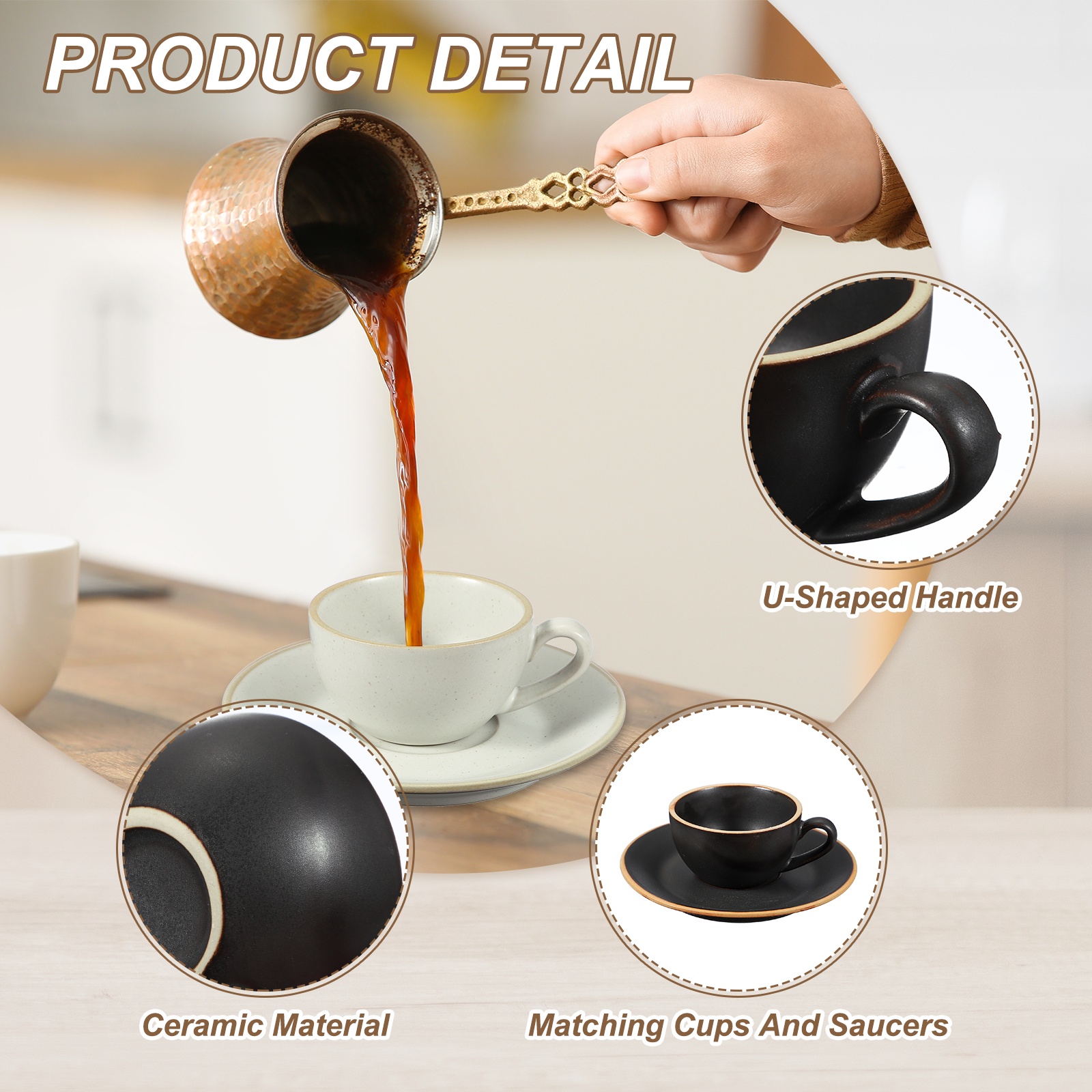 Uxcell Handmade Vintage Espresso Cups, 3 oz Coffee Cups and Saucers Ceramic Tea Cup with Handle Dishwasher and Microwave Safe for Latte Cappuccino Milk Office Home Gifts, Morandi Black