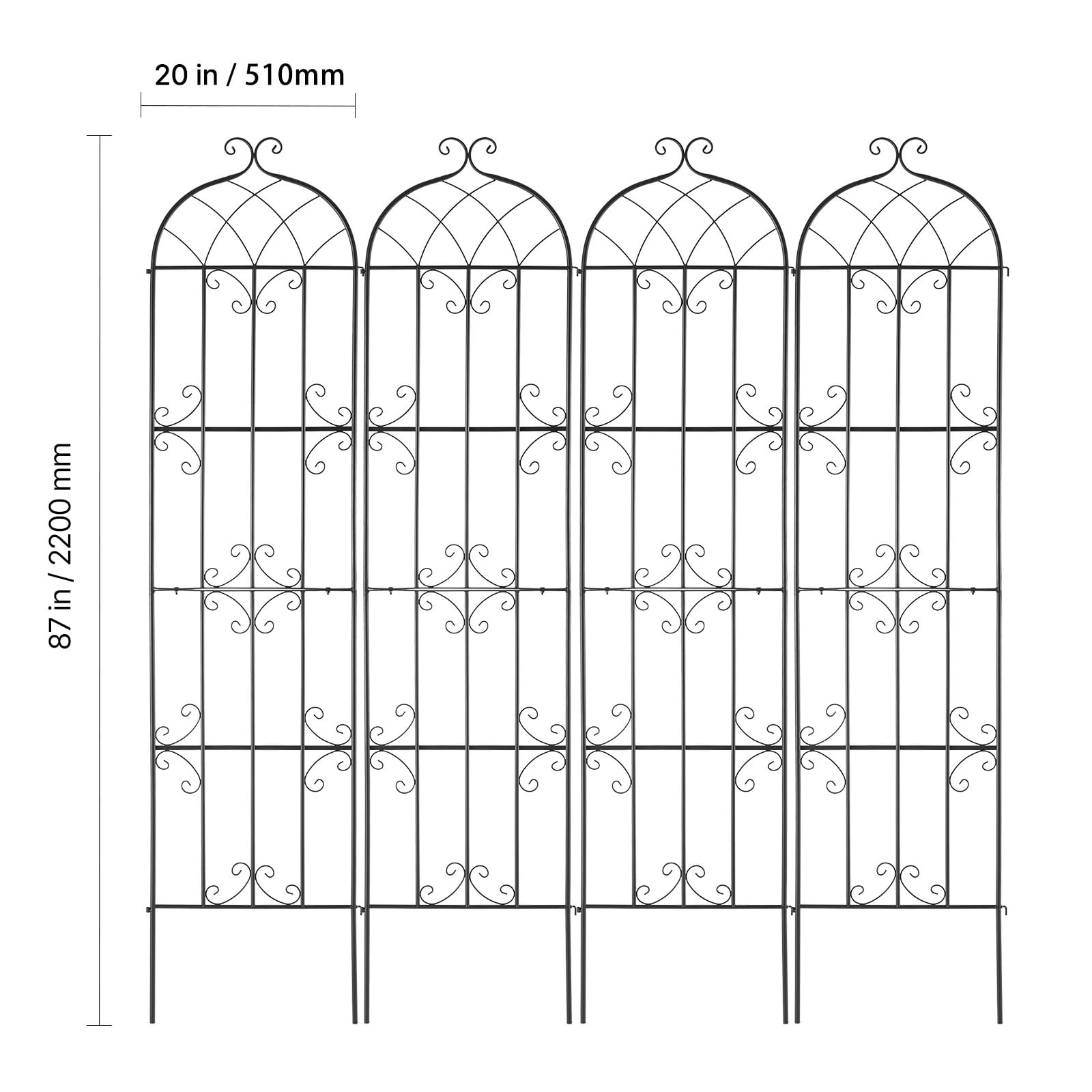 KFFKFF Garden Trellis for Climbing Plants, 87 x 20 in, Set of 4 Rust-Resistant Metal Trellises, Outdoor Plant Support for Roses, Cucumbers, and Clematis, Decorative Design for Gardens and Lawns
