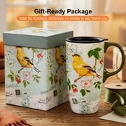Topadorn Vintage Goldfinch Botanical Ceramic Travel Mug, 17oz, Bird & Floral Print, Spill-Resistant Lid, Microwave & Dishwasher Safe, Gift Boxed