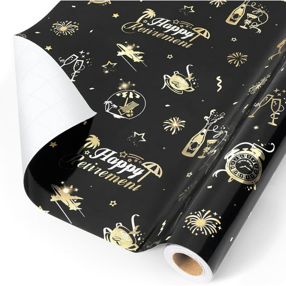 Happy Retirement Wrapping Paper Roll - 1 Roll 17”x 33 ft Retiring Gift Wrapping Paper for Women Men Black Gold-Print Gift Packing Paper Happy Retirement Party Decorations Supply