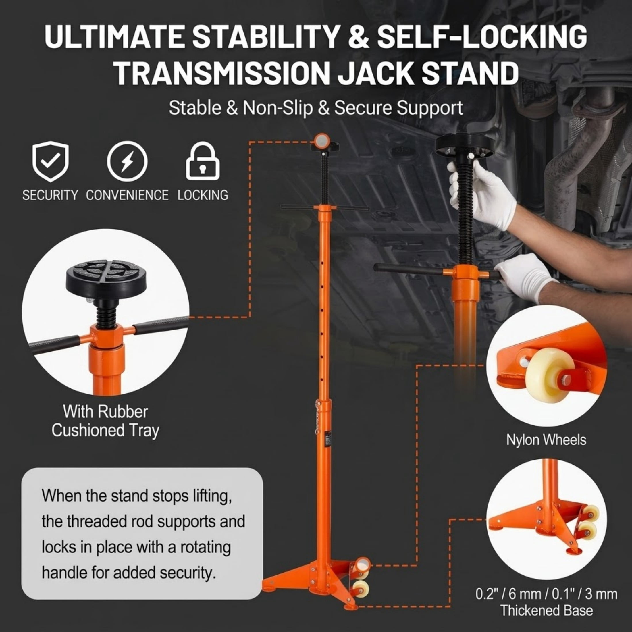 3/4 Ton Underhoist Support Stand, 38.4" to 75.4" Adjustable Jack Stand with Spin Handle and Wheels, Heavy Duty Vehicle Component Support