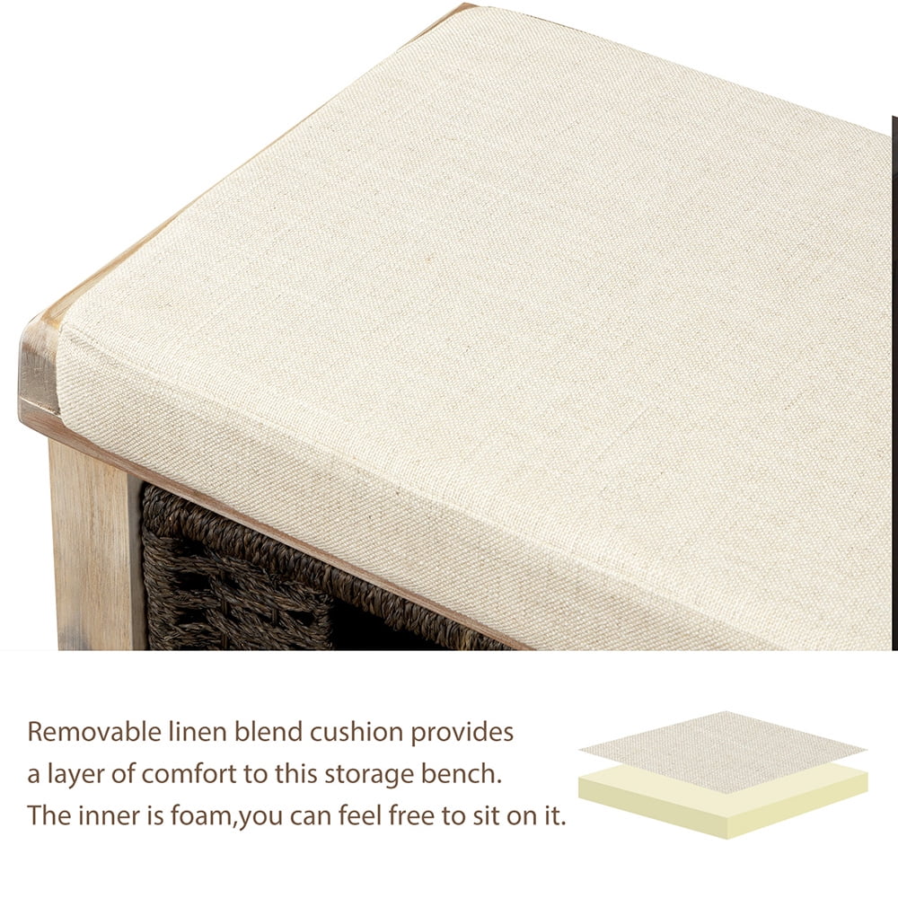 Lowestbest Solid Wood Storage Bench, Entryway Bench with 3 Removable Classic Fabric Basket, Storage Bench with Removable Cushion, White Lowestbest Solid Wood Storage Bench, Entryway Bench with 3 Removable Classic Fabric Basket, Storage Bench with Removable Cushion, White