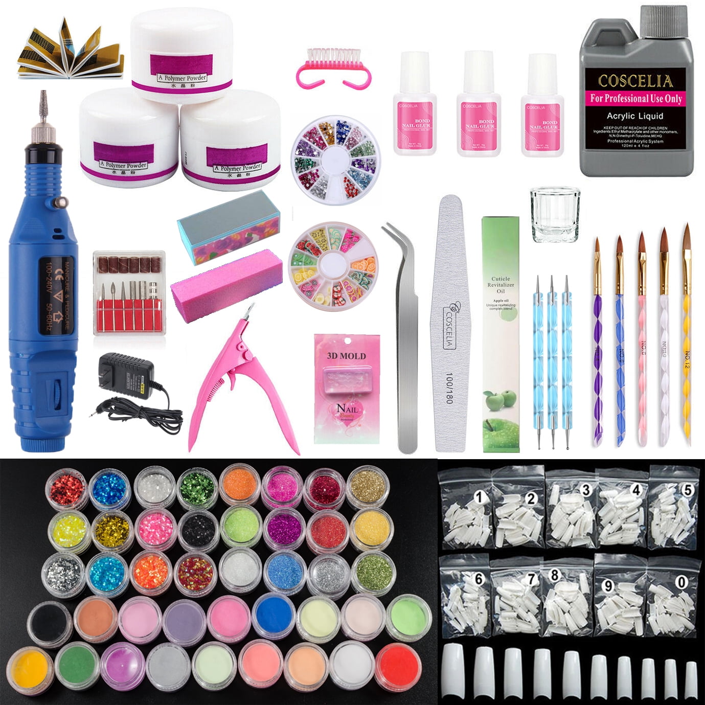 iMeshbean Nail Drill & 42 Acrylic Powder Liquid Brush Glitter Clipper