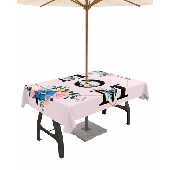 Fsddascl Love Mom Outdoor Tablecloth - 60x102 Inch Rectangle Dining Table Cover, Blue Pink Spring Floral Botanical Waterproof Outdoor Table Cloth with Umbrella Hole & Zipper for Picnic/Patio/Party