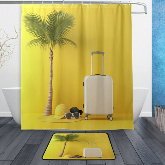 Bath Curtain & Non-Slip Bath Mat Set 12-Grommet Shower Curtain Memory Foam Bath Rug Yellow Summer Objects