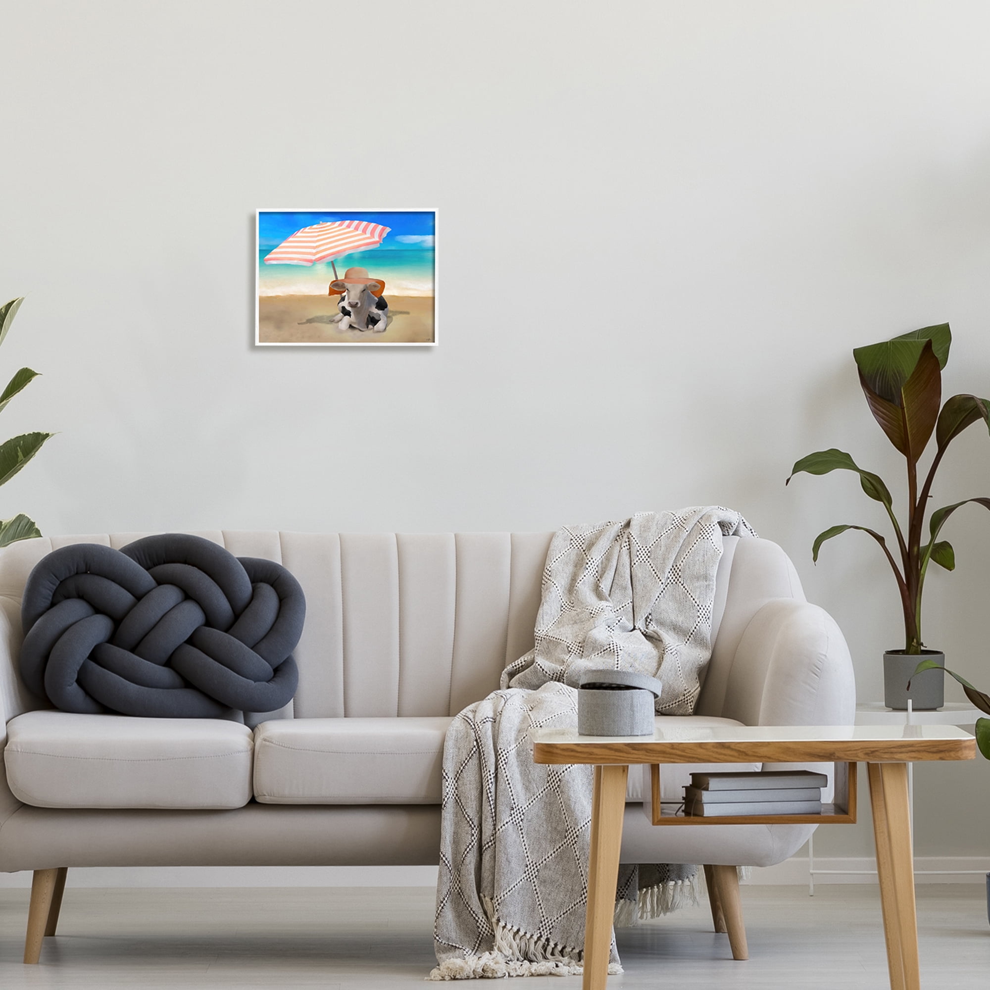 Stupell Lounging Cow Summer Beach Shore Animals & Insects Painting White Framed Art Print Wall Art