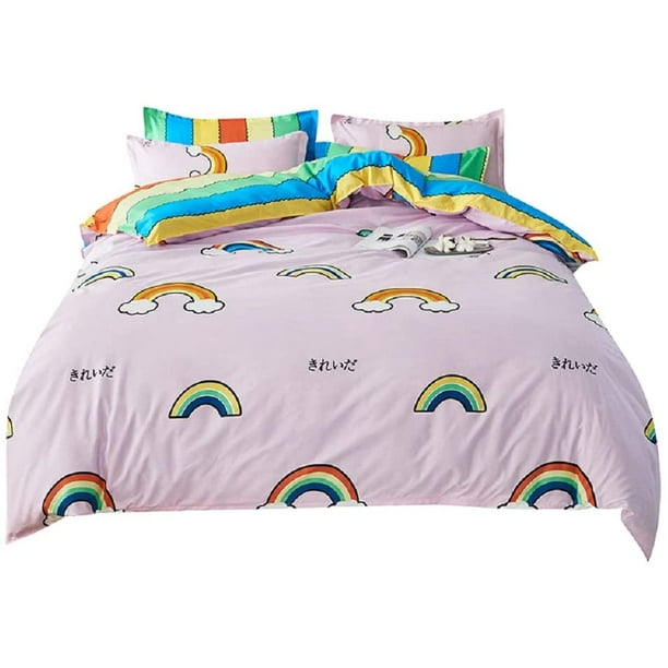 Rainbow Kids Bedding Set Full Carton Pattern Girls Children Duvet Cover 3 Pieces Soft Microfiber Cute Rainbow Pattern Comforter Cover Set for Boys Girls Teen Reversible Bedding Set with Zipper Ties