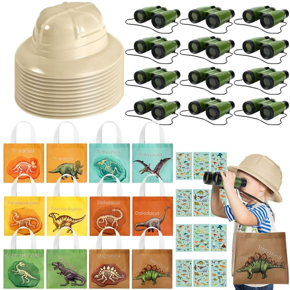 Haysandy 48 Pcs Kids Explorer Costume Set Include Plastic Kids Safari Hat Dinosaur Tote Bag Adventure Binoculars Dinosaur Stickers Jungle Party Supplies Favors for Ou