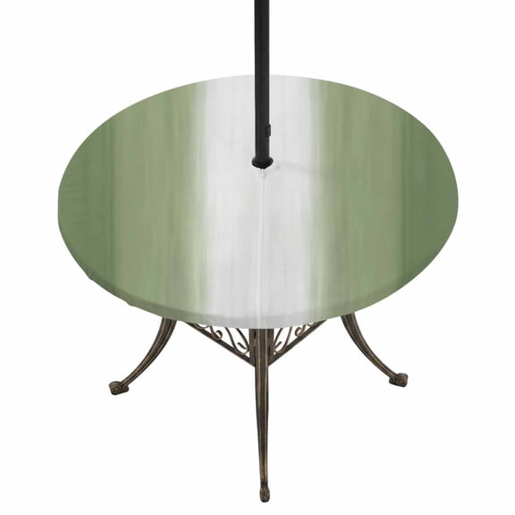 Round Outdoor Tablecloth with Umbrella Hole and Zipper, Sage Green Striped Tablecloth with Elastic Waterproof, Green White Ombre Farmhouse Gradient Patio Table Covers for 45" - 54" Pool Tables