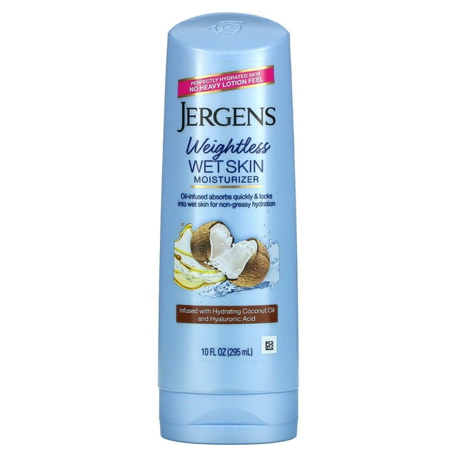 Jergens Wet Skin Moisturizer with Coconut Oil, 10 fl oz (295 ml), in a light blue bottle with a flip-top cap. Designed for use on wet skin, it features an oil-infused formula to hydrate dry skin and lock in moisture for visibly soft and luminous skin. Coconut imagery and water droplets highlight its refreshing and softening benefits, ideal for post-shower body care.
