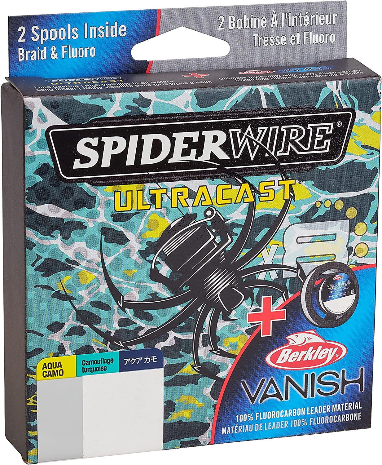 SpiderWire Ultracast® Vanish® Dual Spool Braid Fishing Line, Aqua Camo/Clear, 15 lb Test Strength, 164 yd