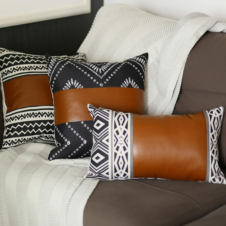 Rectangular Rustic Brown Faux Leather And Geometric Patterns Lumbar Pillow Cover Rectangular Rustic Brown Faux Leather And Geometric Patterns Lumbar Pillow Cover