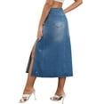 thumbnail image 3 of Falda de mezclilla para mujer INSPIRE CHIC, falda lápiz elástica de línea A con abertura lateral, falda de jeans de cintura alta, M azul, 3 of 6