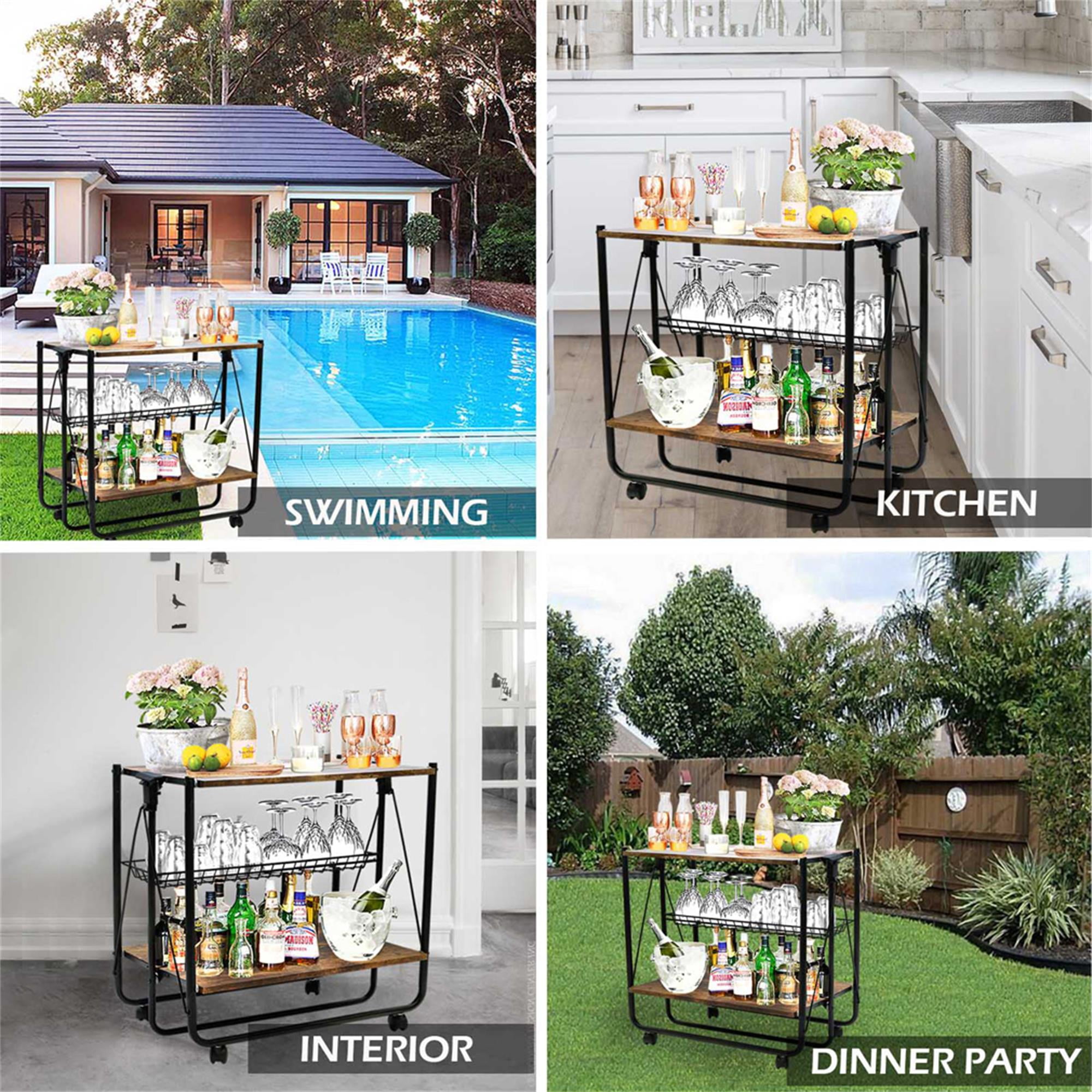 Finihen Serving Bar Cart, 3 Tier Home Rolling Rack with Wheels Mobile Kitchen Serving Cart,Industrial Vintage Style Wood Metal Serving Trolley, Brown Finihen Serving Bar Cart, 3 Tier Home Rolling Rack with Wheels Mobile Kitchen Serving Cart,Industrial Vintage Style Wood Metal Serving Trolley, Brown