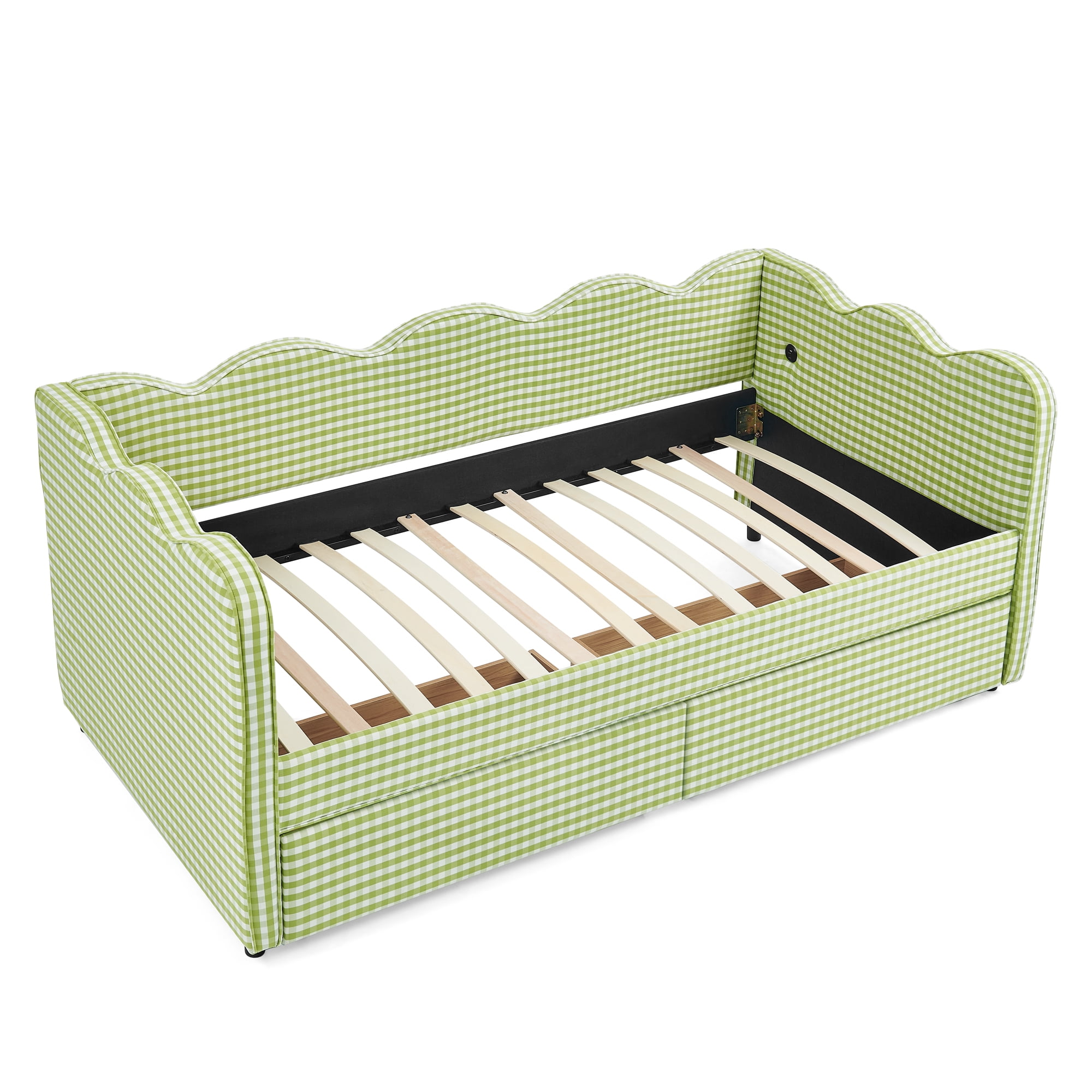 GARITIN Twin Size Daybed with 2 Storage Drawers, Gingham Sofa Bed with USB Port and Wavy Headboard for Kids Room, Green