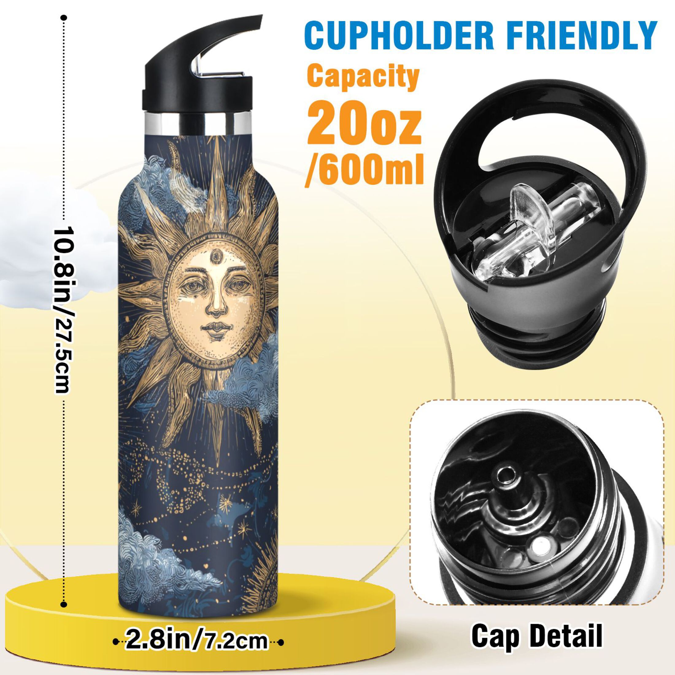 600ML Stainless Steel Insulated Cup Sports Water Bottle Portable Thermos Cup Water Glasses Insulated Tumblers Convenient and Durable Golden Sun