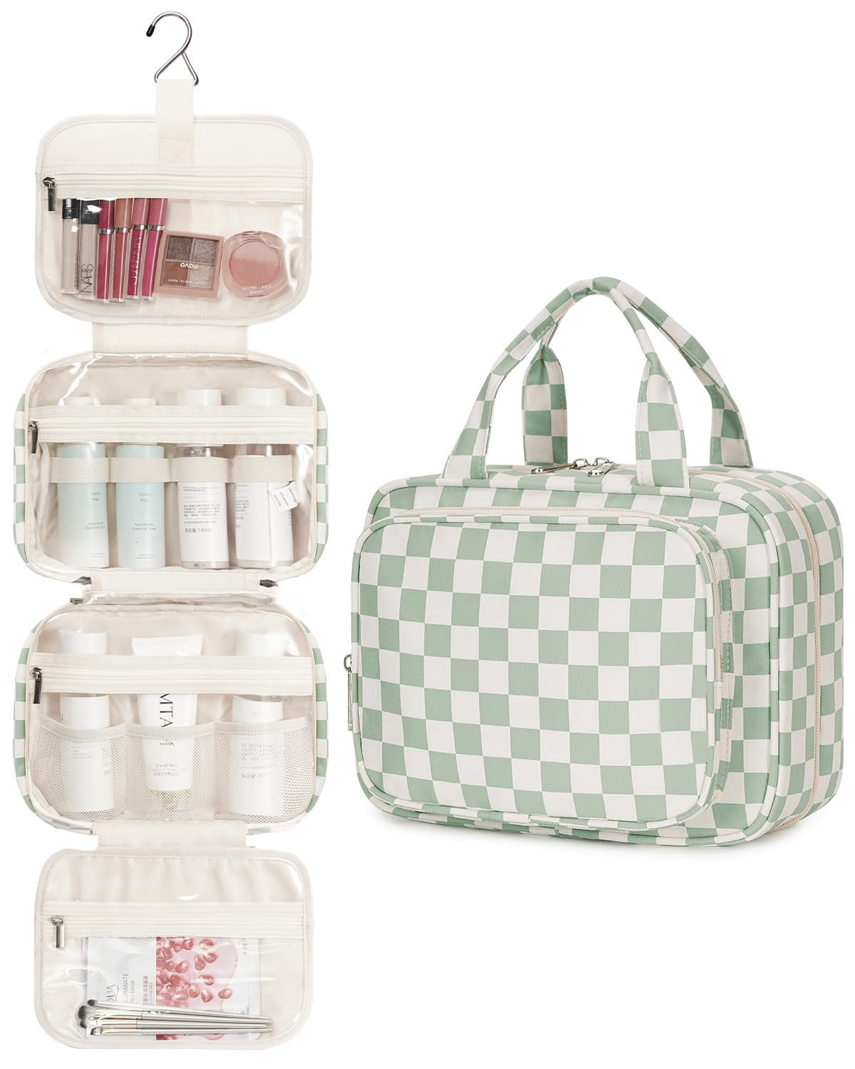 Checkerboard Hanging Travel Toiletry Bag with Hook, Makeup Bags for Women Cosmetic Organizer Toiletries for Brush Shampoo Travel Essentials, Green