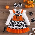 thumbnail image 6 of Bobifish Baby Girls Sets Cow Pumpkin Print Pinafore Dress+Romper+Headband 3 PC Halloween Sets Girls Sets, 6 of 8