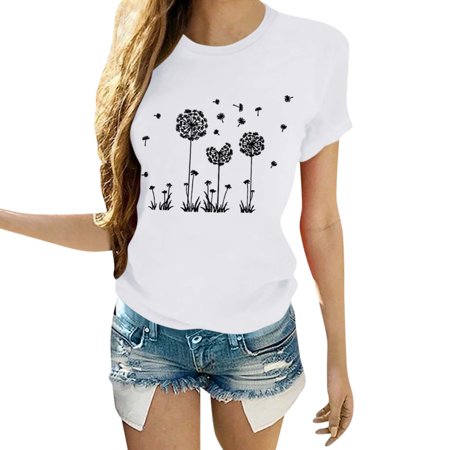 

ASEIDFNSA Blue Corset Top Neck Tee Shirt Women Dandelion Print Round Neck Short Sleeve Top T Shirt