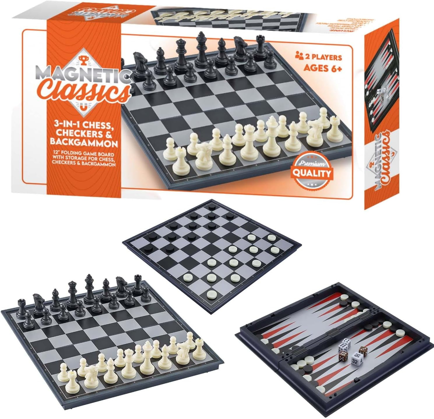 Tradeopia Magnetic Classics – 12 Inch Magnetic 3 in 1 Chess, Checkers & Backgammon Classic Game
