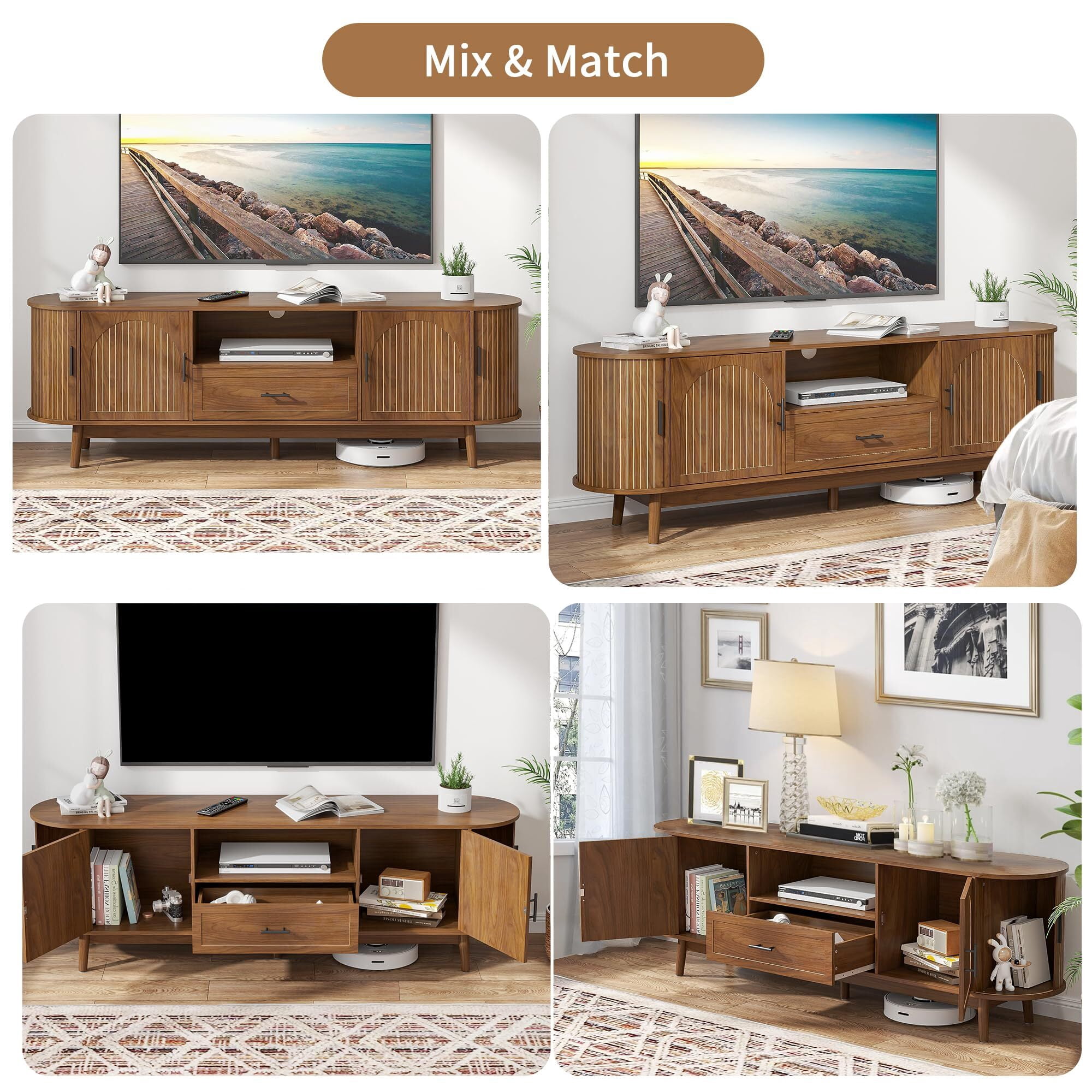 70" Fluted TV Stand for 80" TVs, Mid-Century Entertainment Center with Drawers & Sliding Doors, Curved Media Console