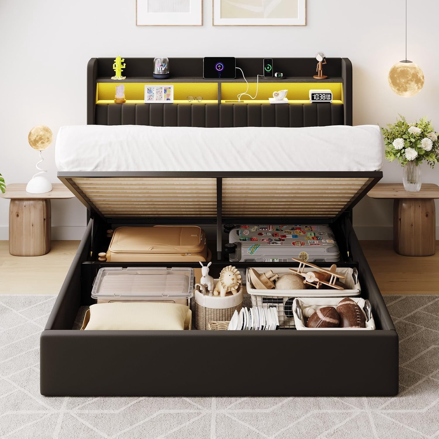 SHA CERLIN Full Size Lift Up Storage Bed Frame, LED Lights, Charging Station, 2-Tier Shelves Headboard, USB Type-C Ports, Velvet Upholstered, Hydraulic Support, Noise Free, Black
