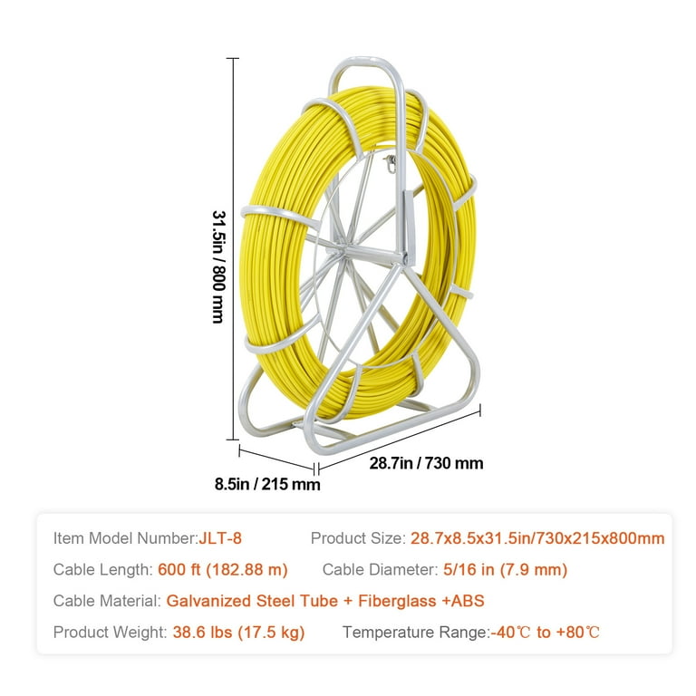 Skyshalo Fiberglass Fish Tape, 600ft Length, 5/16in Diameter, Duct Rodder with Steel Reel Stand and 3 Pulling Heads, Ideal for Cable Management in