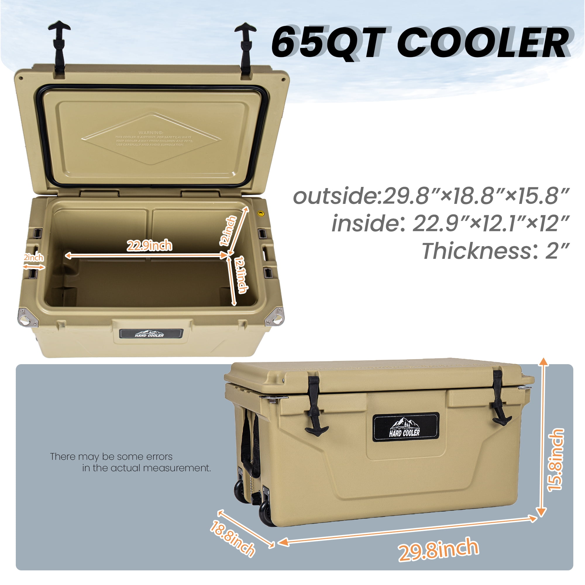 65QT Rotomolded Ice Cooler Box, 5 Days Ice Retention Outdoor Ice Chest with Wheels, Food Grade Portable Cooling Box for Camping Fishing Beach BBQ Holds 54 Cans