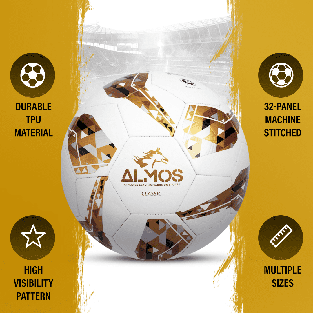 Almos Classic 32 Panel Soccer Ball, for Indoor and Outdoor, Gold,  Size 5