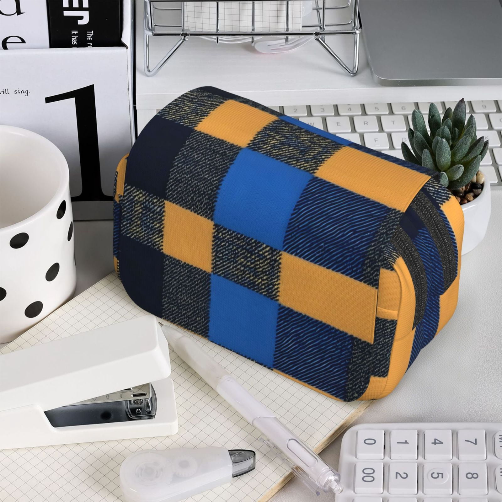 Large-Capacity Flip-Top Double-Layer Pencil Case, Multi-Functional Pocket Pen Case, Durable Stationery Organizer Cornflowerblue Buffalo Plaid Check Tartan Scotland_2