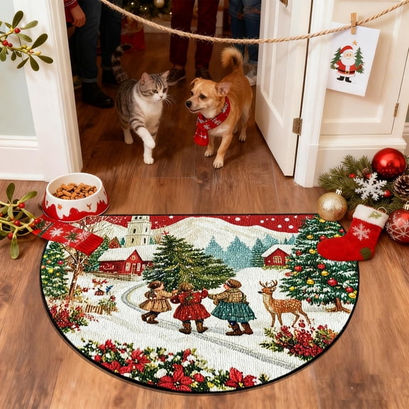 Summercome Christmas Xmas Half Round Door Mat Xmas Rainbow Half Moon Rug Washable Half Circle Area Rugs Indoor Entrance Non Slip Semi Circle Rugs Floor Carpet for Kithen Bedroom Decorate Gift