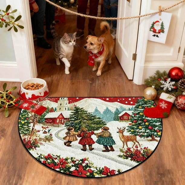 Felpudo navideño semicircular de poliéster, antideslizante, absorbente, resistente a la suciedad, para cocina y baño | Alfombra navideña para puerta de entrada, porche, lavadero y entrada.
