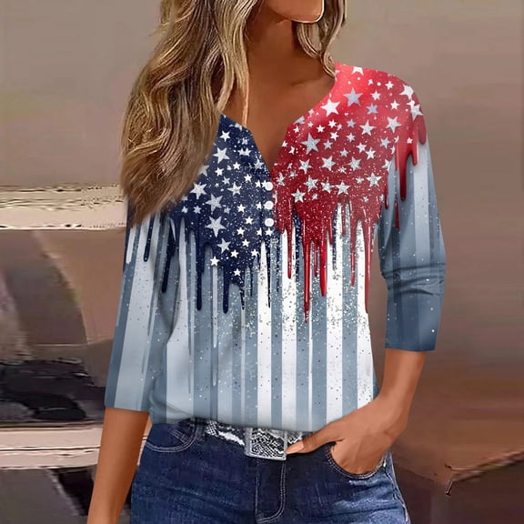 3/4 Sleeve T Shirts for Women Independence Day Flag Printed Henley Tee 250th Anniversary Fashion Button Slim Fitted Tops