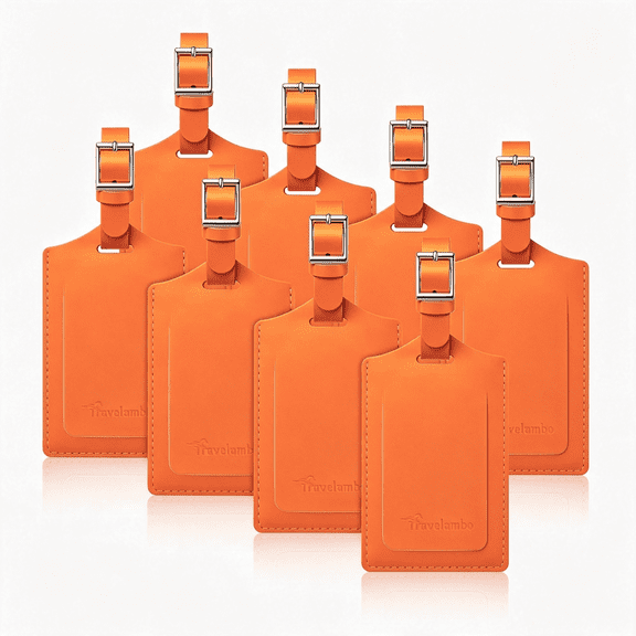 GASTROPOD 8 Pack Luggage Tags for Suitcases Airplane Travel Essentials | Bag Tags with Protection Cover Id, Tsa Approved, Faux Leather, Privacy Protection Flat (Orange)