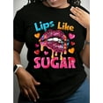 thumbnail image 1 of Plus Size Women's Vintage Lip Graphic T-Shirt - "Lips Like Sugar" Print with Leopard & Hearts, Short Sleeve Casual Top, Machine Washable Spring/Summer Tee, 1 of 5