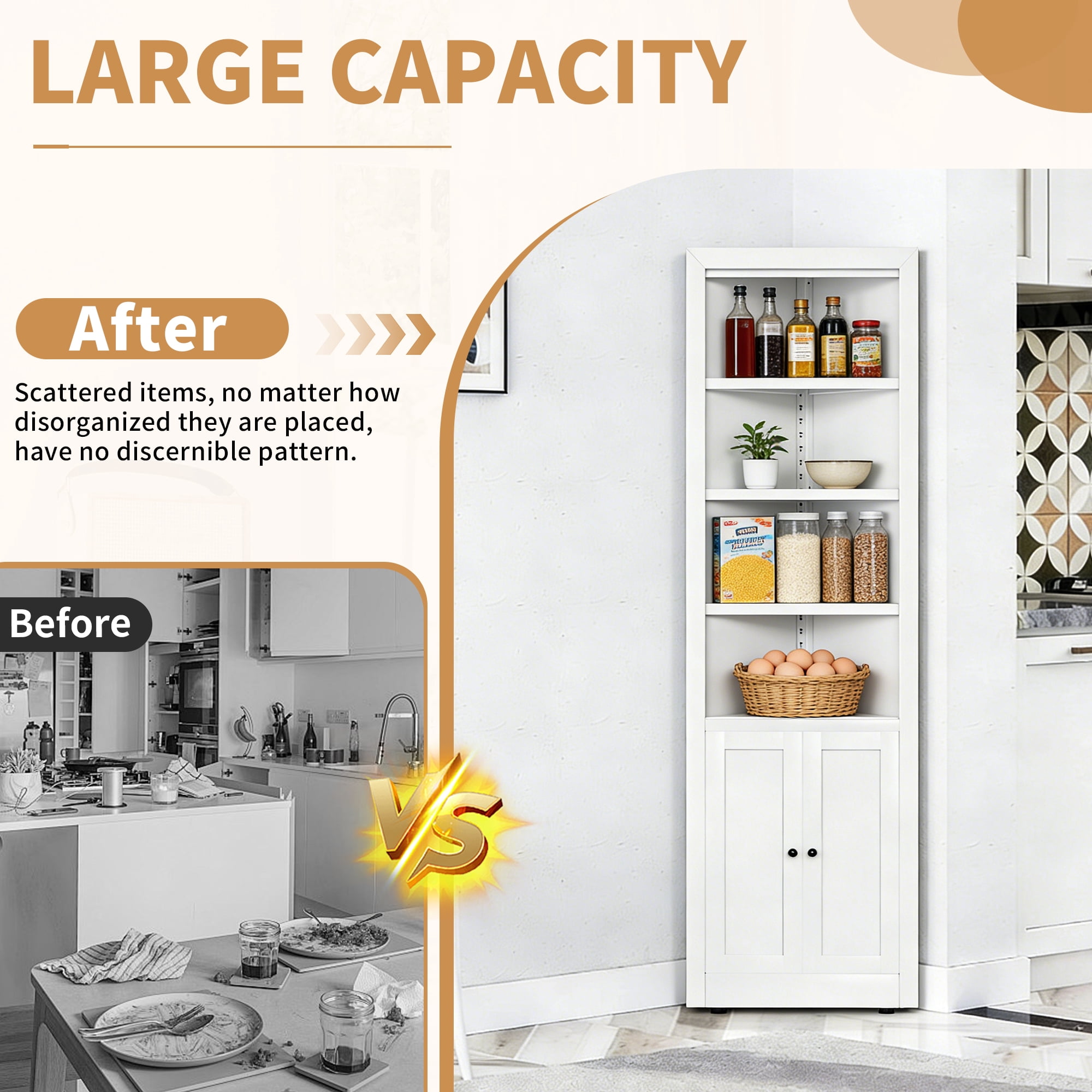 Leumius 71" Tall Corner Storage Cabinet with 2 Doors,Freestanding 5-Tier Metal Cabinet with Adjustable Shelves for Kitchen Living Room Bathroom,White