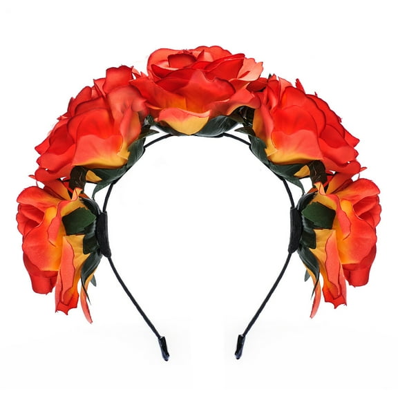 ERDOUY Mexican Flower Crown Day of the Dead Headdress Hawaiian Bohemian Frida Flower Headband (Red to Yellow)