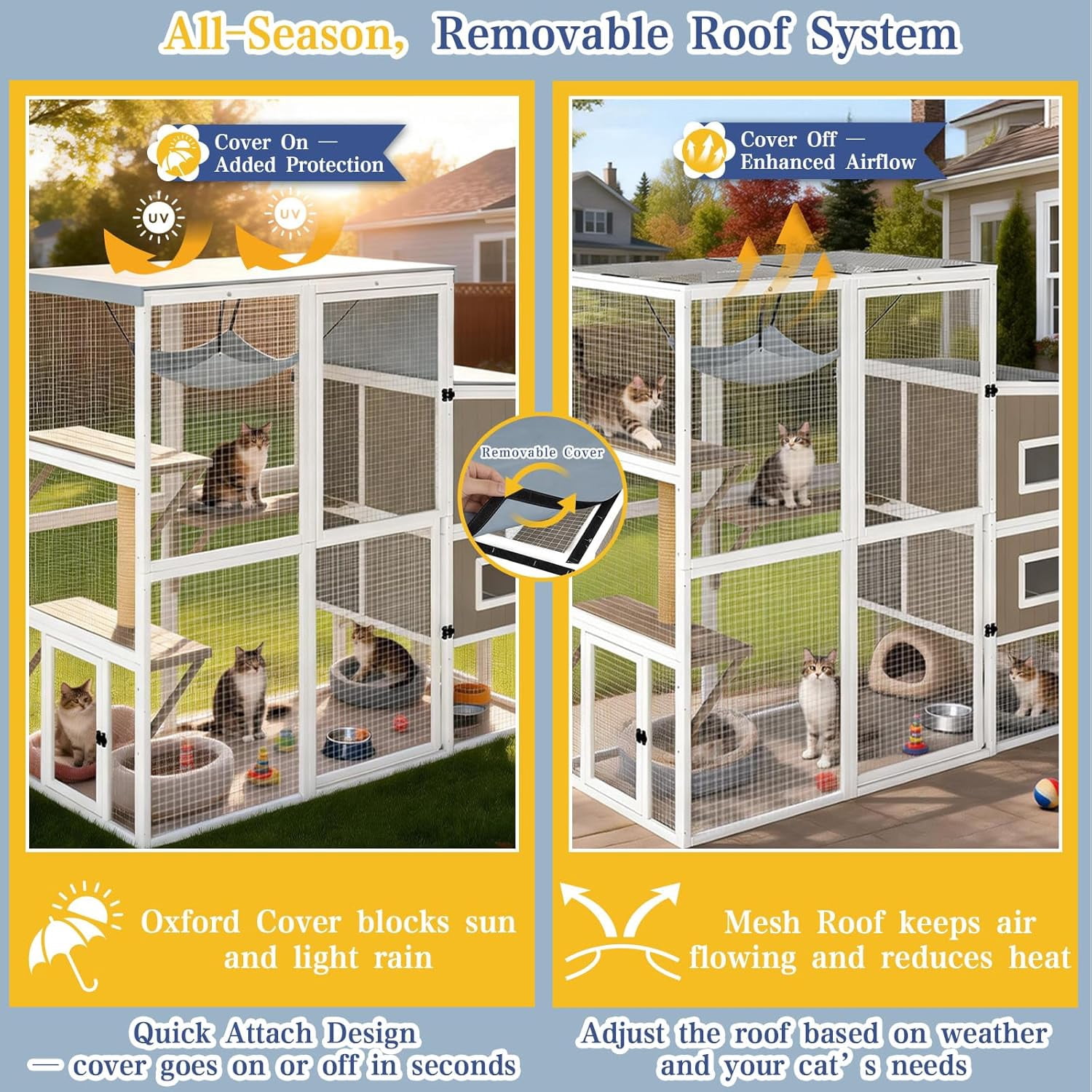 Large Outdoor Catio Cat Enclosure, Walk-in Wooden Cat House with 4-Level Play Platforms, Removable Roof Cover & Window Connection, 75"L