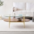 thumbnail image 4 of Rectangle Coffee Table Mid-Century Modern Design L W x H for Living Room - Structure Amber Glass Top and Walnut MDF Shelf Sleek Conical Metal Legs with Gold Finish, 4 of 8