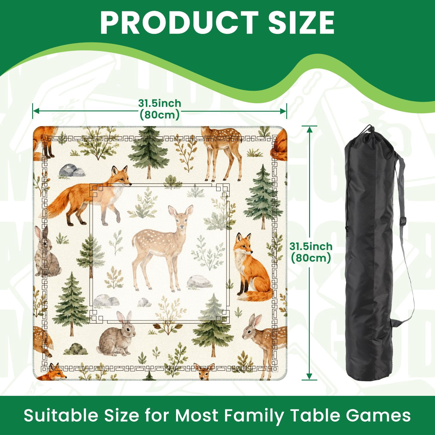 Mahjong Mat 31.5" x 31.5" Woodland Animals Wildflowers Watercolor Seamless Deer Rabbits Fox Non-Slip Noise Reduction American Mahjong Tiles Table Cover for Dominoes Poker Card Board Games Gift