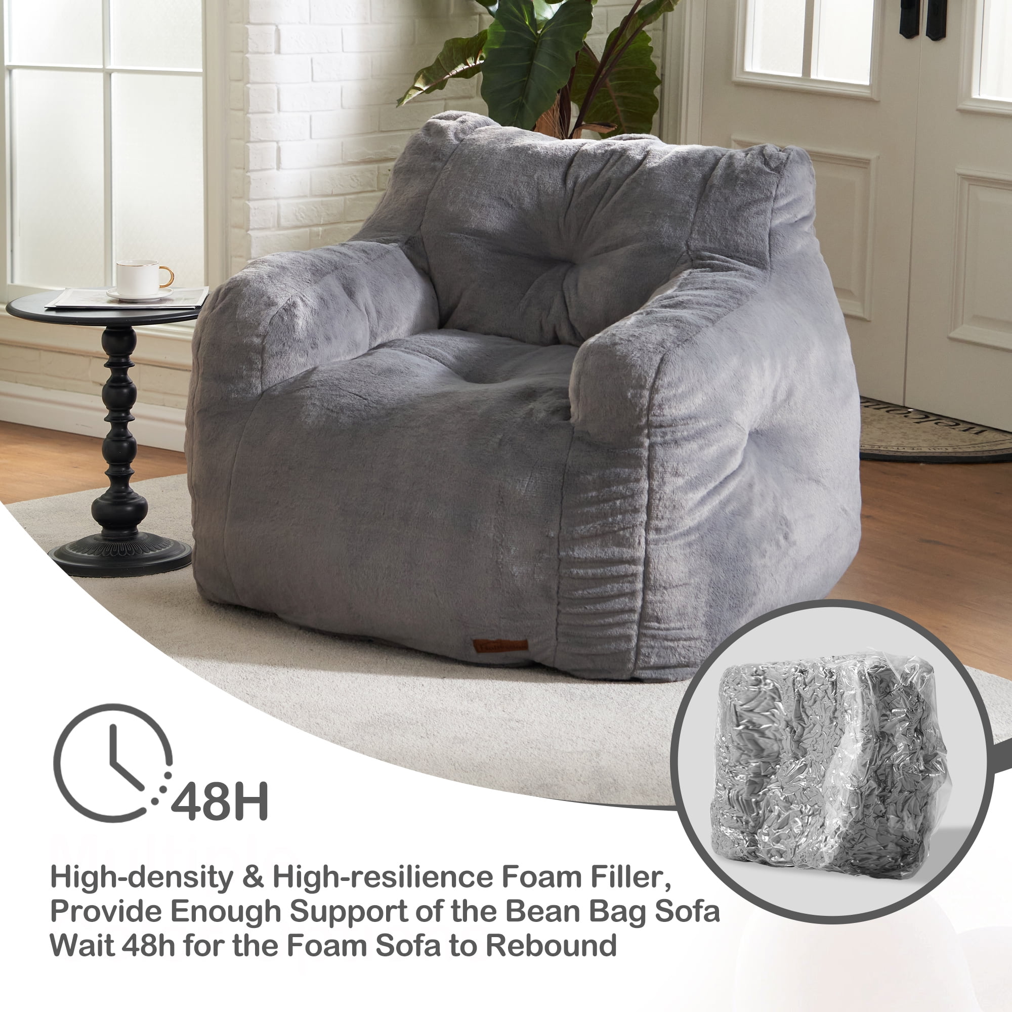 Hobestluk Bean Bag Chair for Adult Small Bean Bag Chairs with Arms Furry Beanbag Chair with Foam Filler Stuffed Bean Bag Sofa for Reading in Bedroom Living Room and Dorms(Grey)