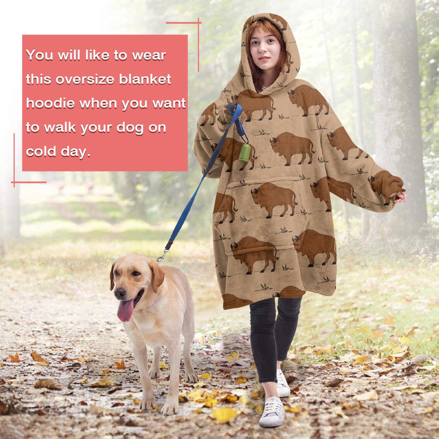 Brown Buffalo Pattern Wearable Oversized Blanket,Wearable Blanket Hoodie for Adults,Cozy Hooded Blankets with Super Pockets,Super Warm Fuzzy Pullover for Women & Men