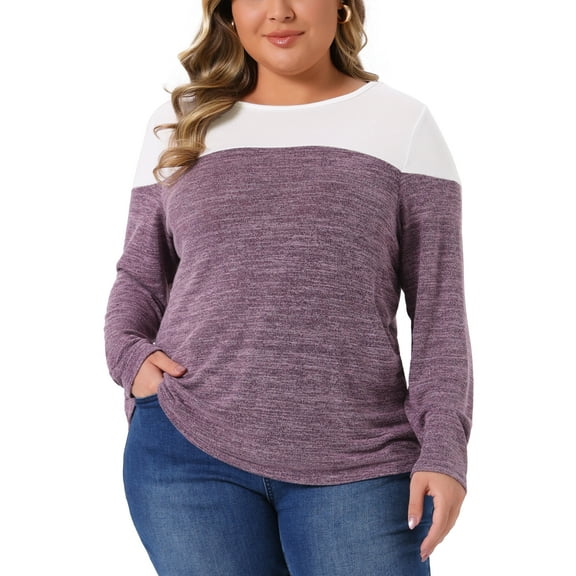 DARING DIVA Women's Plus Size Color Block Long Sleeve Crew Neck Knitted Blouse 1X Purple