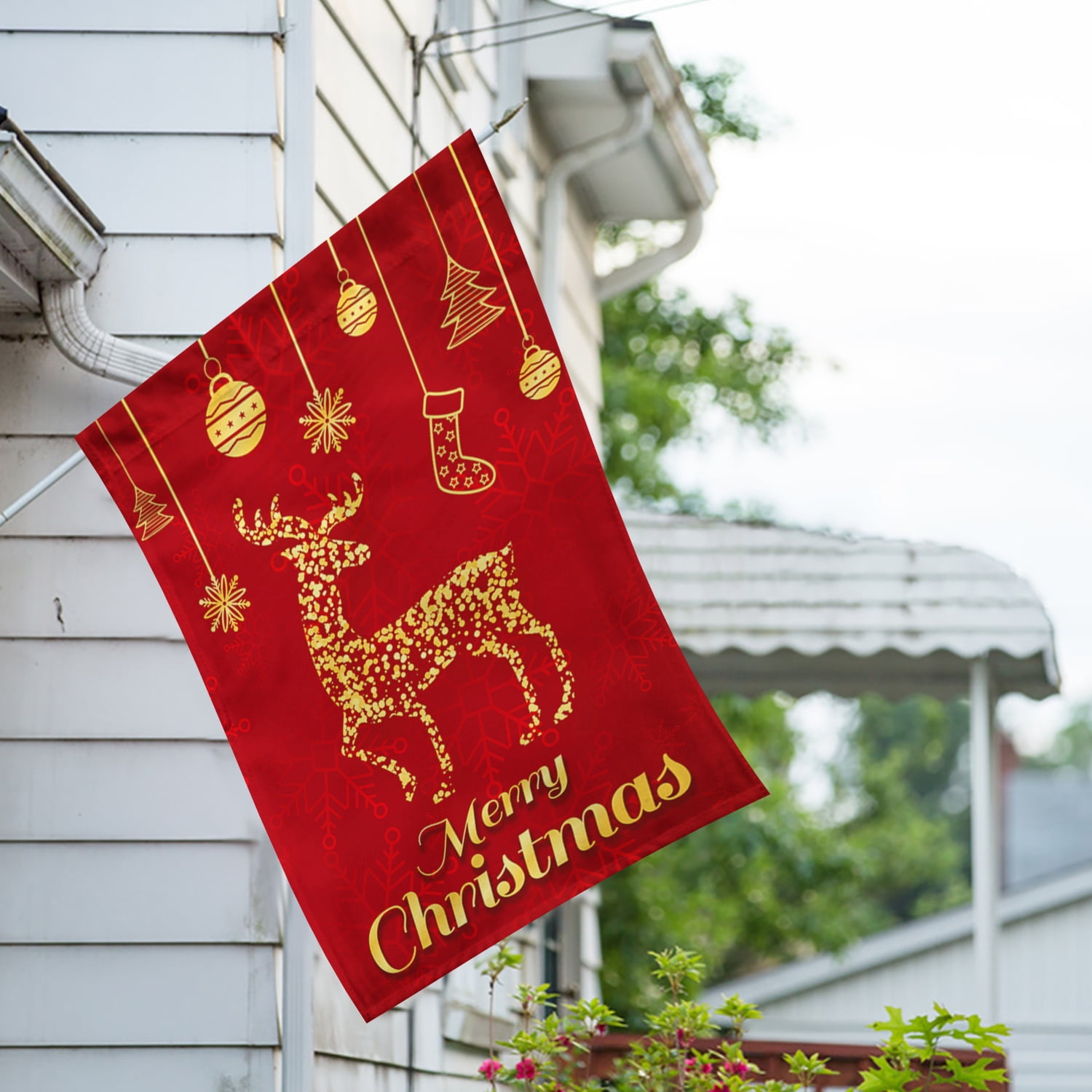 America Forever Merry Christmas Golden Reindeer House Flag 28 x 40 Inch Double Sided Outdoor Yard Decorations Winter Holiday Rustic Farmhouse Red Christmas Decorations Flag