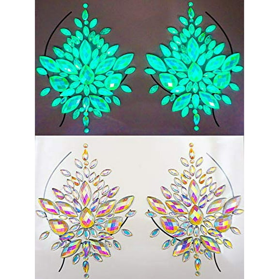 1 Pair Sass Chick Reusable Rhinestone Glow in Dark Snow Flake Pasties - Nipple Covers, Crytals & Gems